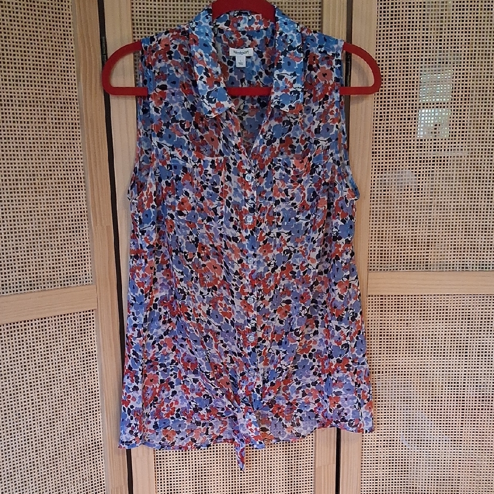 Westport Floral Button-Down Sleeveless, High Low, Blouse - Blue, Red And White.